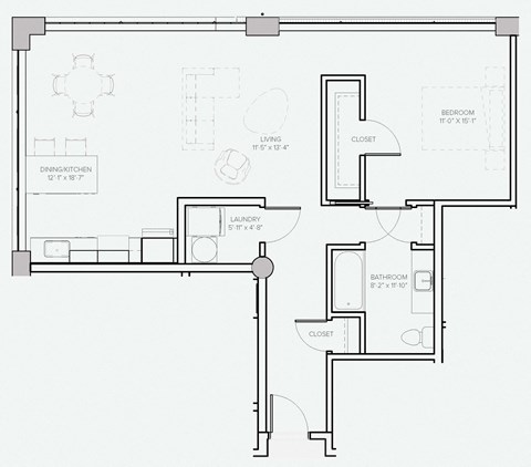 Floor plan for 1 bed, 1 bath, 813 sqft